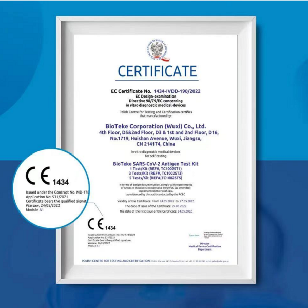 CE1434！ Bioteke SARS-COV-2 Antigeen Test Kit heeft de CE-certificering doorstaan